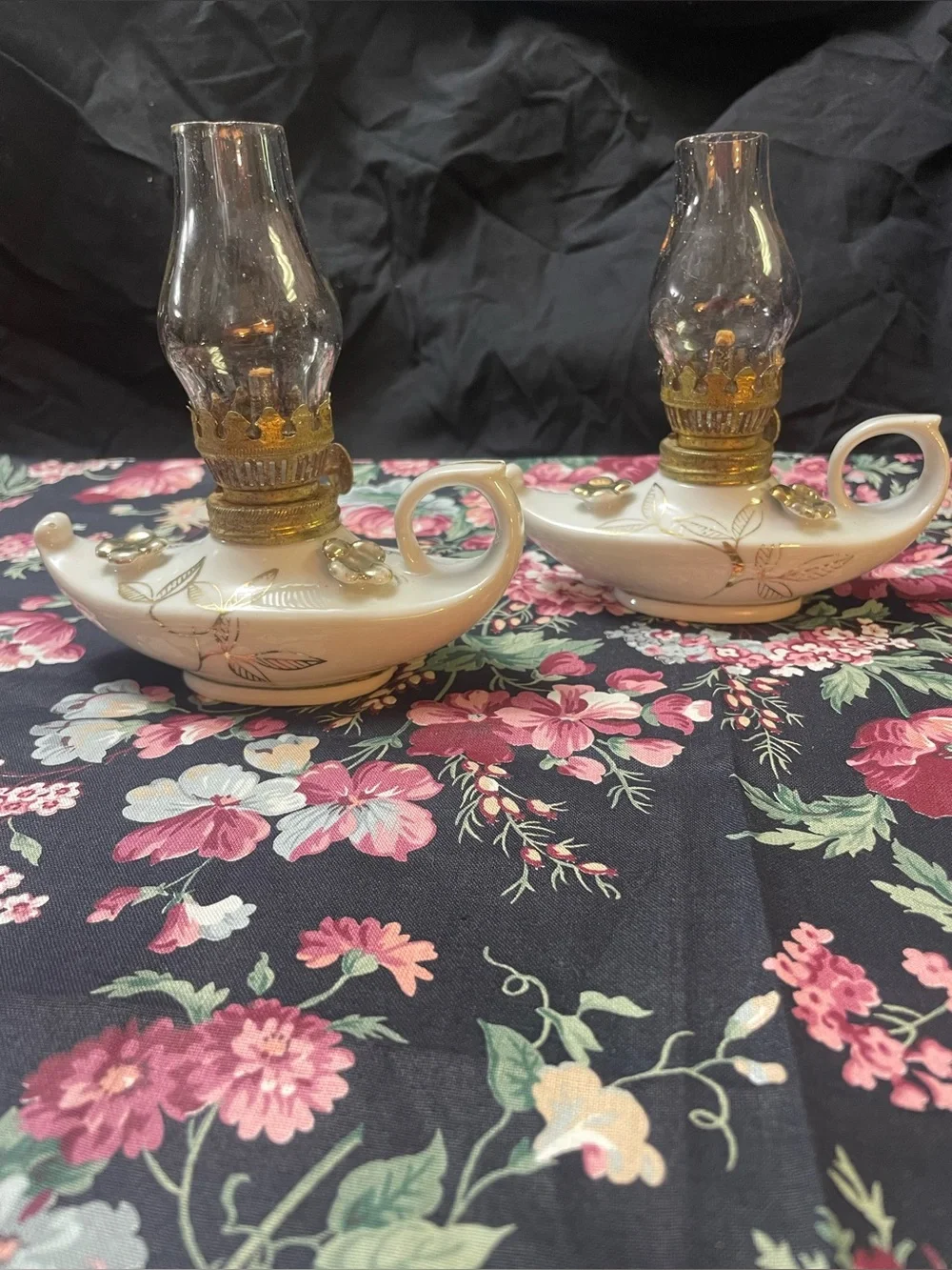 Vintage Mini Aladdin Style White and Gold Decorative Oil Lamp Pair